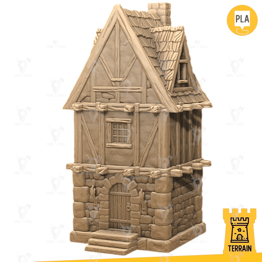 Scenico Piccola casa verticale legno e pietra avamposto città edificio fantasy scenico per dungeons and dragons dnd