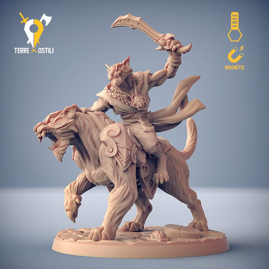 Miniatura Rakshasa felinide guerriero su tigre cavalcatura miniatura per dungeons and dragons dnd