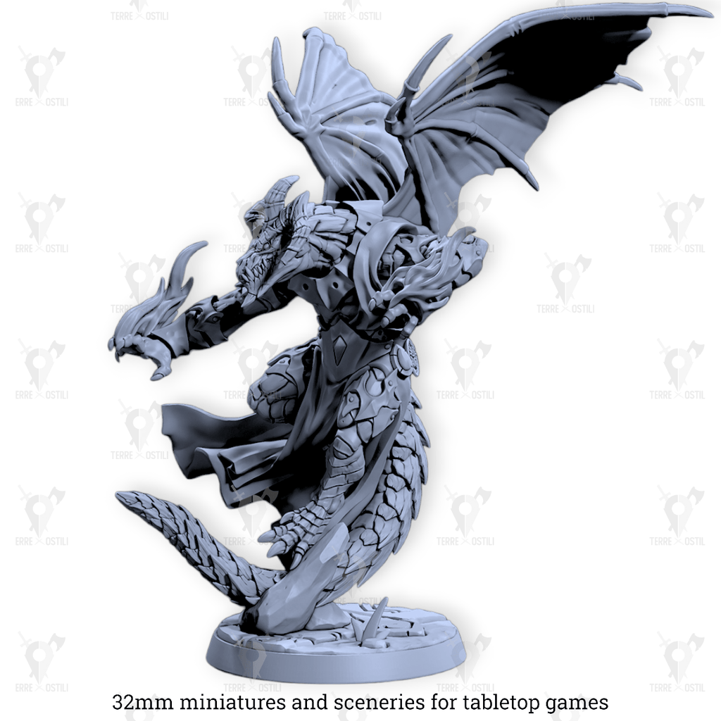 Miniatura Flamagath dragonborn dragonide stregone mago monaco mezzo drago con ali | miniatura 3D resina | Terre Ostili per dungeons and dragons dnd