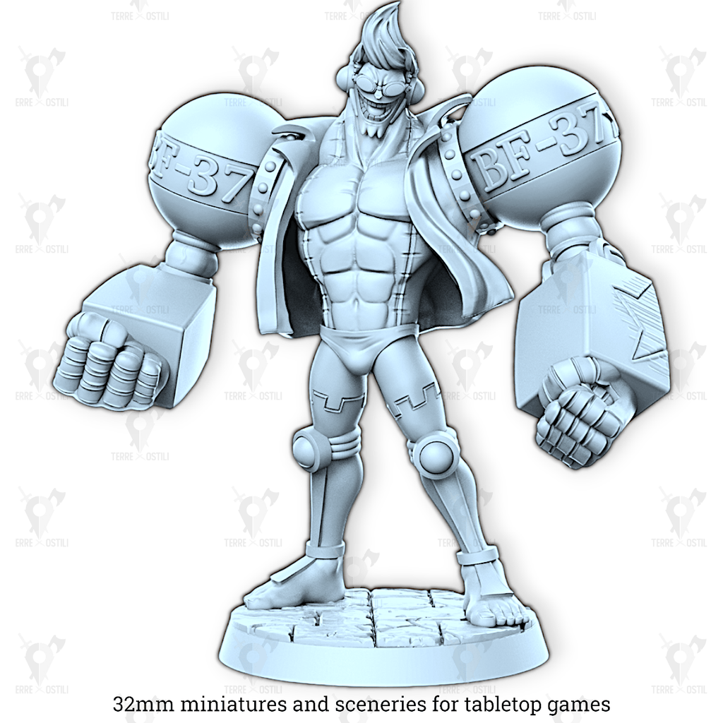 Miniatura Franky umano cyborg mutaforma pirata guerriero monaco onep | miniatura 3D resina | Terre Ostili per dungeons and dragons dnd