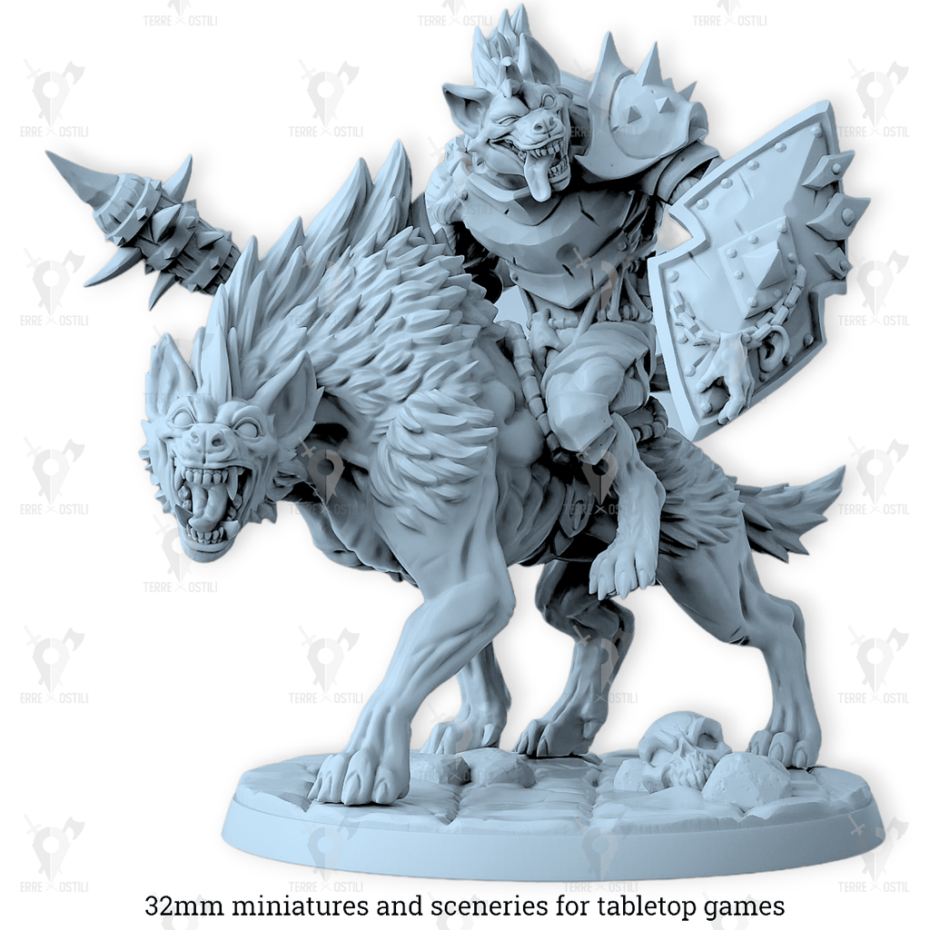 Miniatura Gnoll cavaliere in sella iena famelica cavalcatura guerriero bestia  | miniatura 3D resina | Terre Ostili per dungeons and dragons dnd