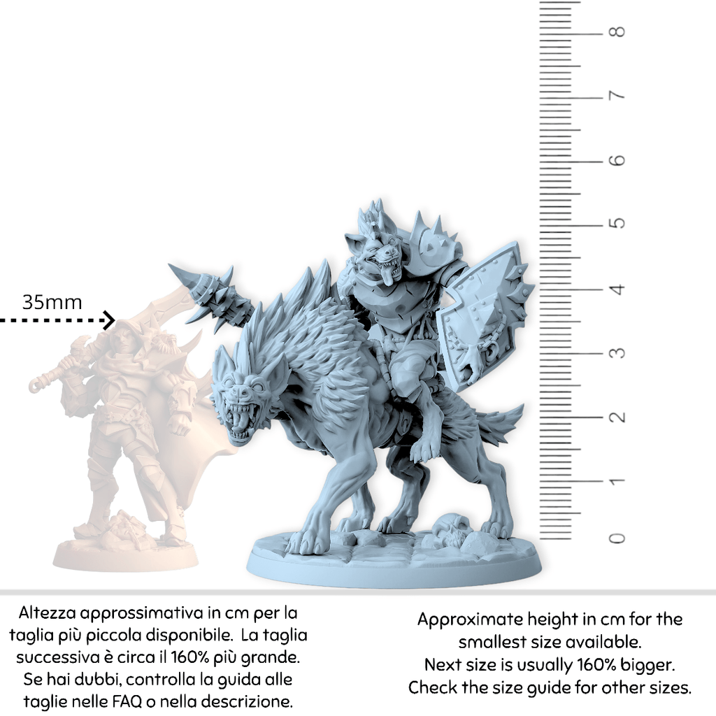 Miniatura Gnoll cavaliere in sella iena famelica cavalcatura guerriero bestia  | miniatura 3D resina | Terre Ostili per dungeons and dragons dnd