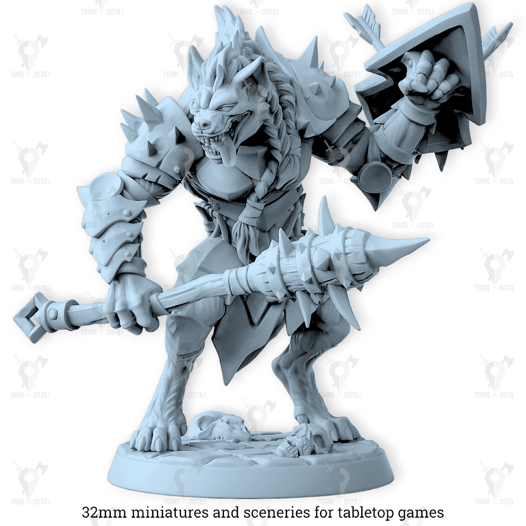 Miniatura Gnoll guerriero bestia soldato mazza e scudo iena  | miniatura 3D resina | Terre Ostili per dungeons and dragons dnd
