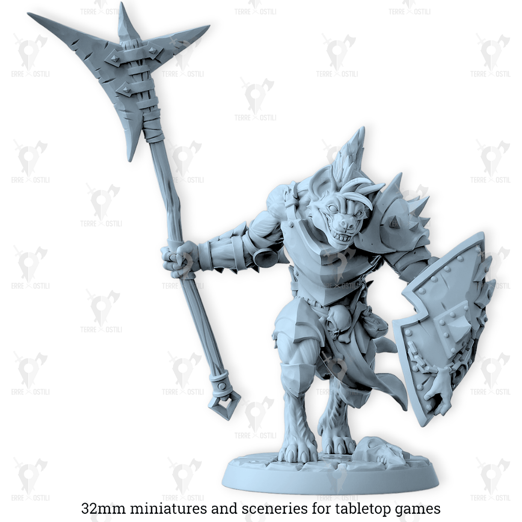 Miniatura Gnoll guerriero bestia soldato picca e scudo iena  | miniatura 3D resina | Terre Ostili per dungeons and dragons dnd