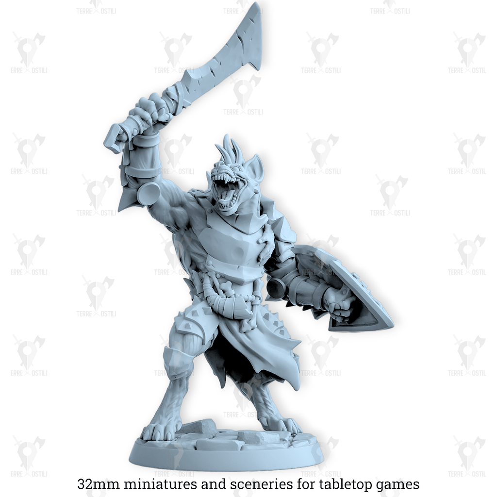 Miniatura Gnoll guerriero bestia soldato spada e scudo iena  | miniatura 3D resina | Terre Ostili per dungeons and dragons dnd