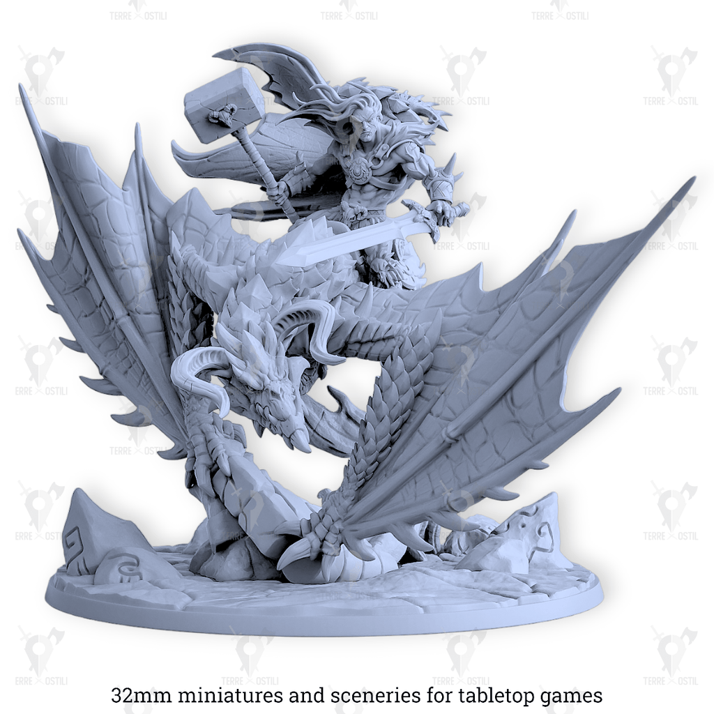 Miniatura Krommir cavaliere di Drago nero blu viverna mostro alato Dragonpeak martello | miniatura 3D resina | Terre Ostili per dungeons and dragons dnd