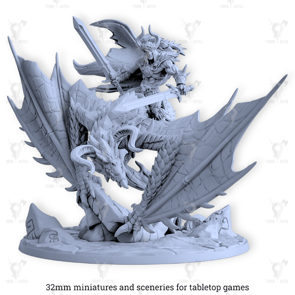 Miniatura Krommir cavaliere di Drago nero blu viverna mostro alato Dragonpeak spada | miniatura 3D resina | Terre Ostili per dungeons and dragons dnd