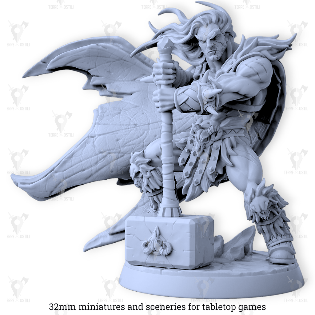 Miniatura Krommir Umano Barbaro capo clan guerriero eroe martello guerra Dragonpeak | miniatura 3D resina | Terre Ostili per dungeons and dragons dnd
