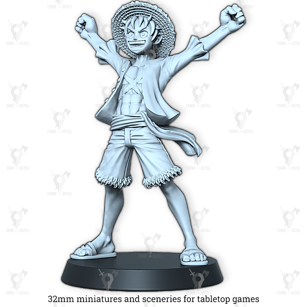 Miniatura Luffy umano pirata guerriero capitano esploratore gomma onep | miniatura 3D resina | Terre Ostili per dungeons and dragons dnd