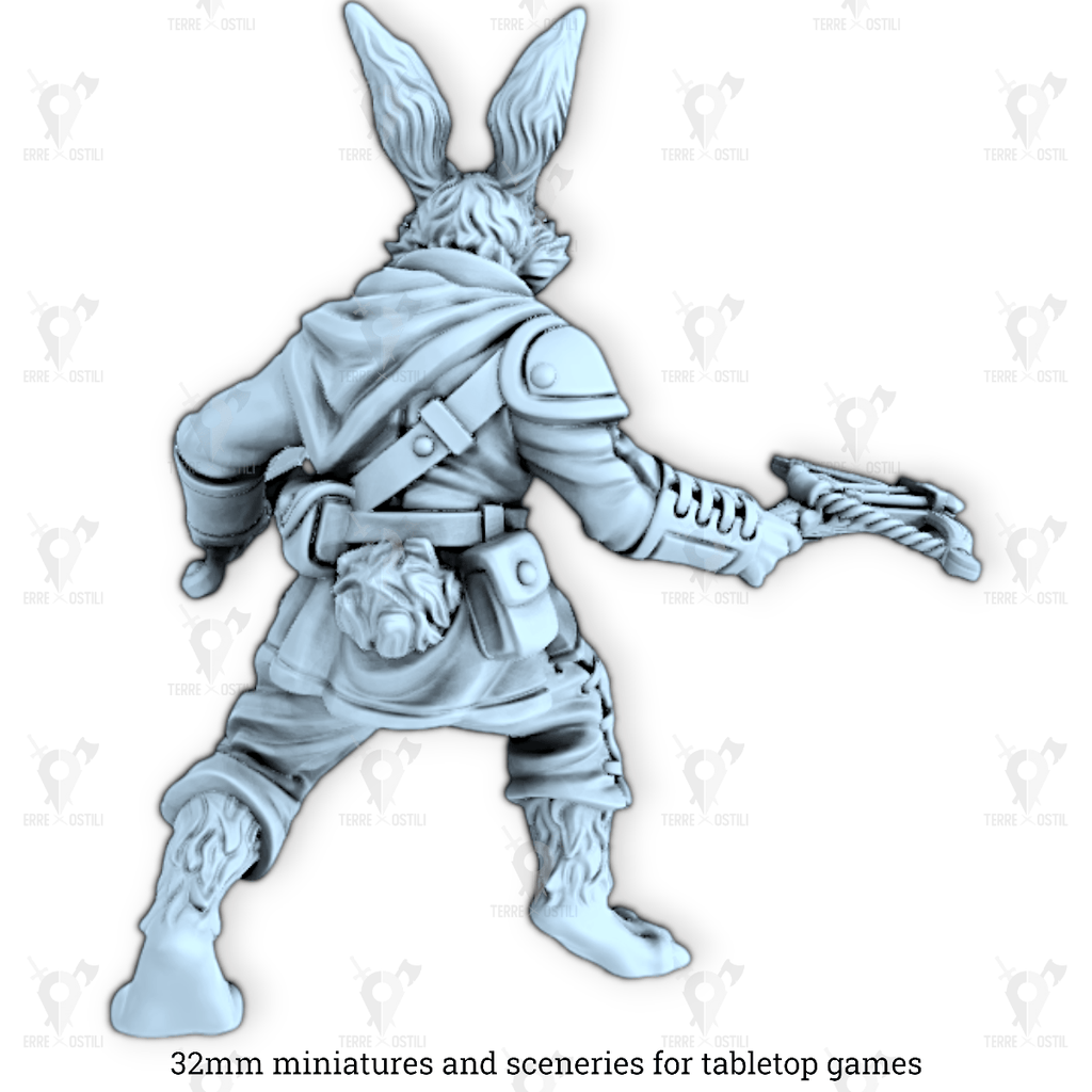 Miniatura Lynn harengon rabbitfolk coniglio ladro guerriero arciere balestra | miniatura 3D resina | Terre Ostili per dungeons and dragons dnd