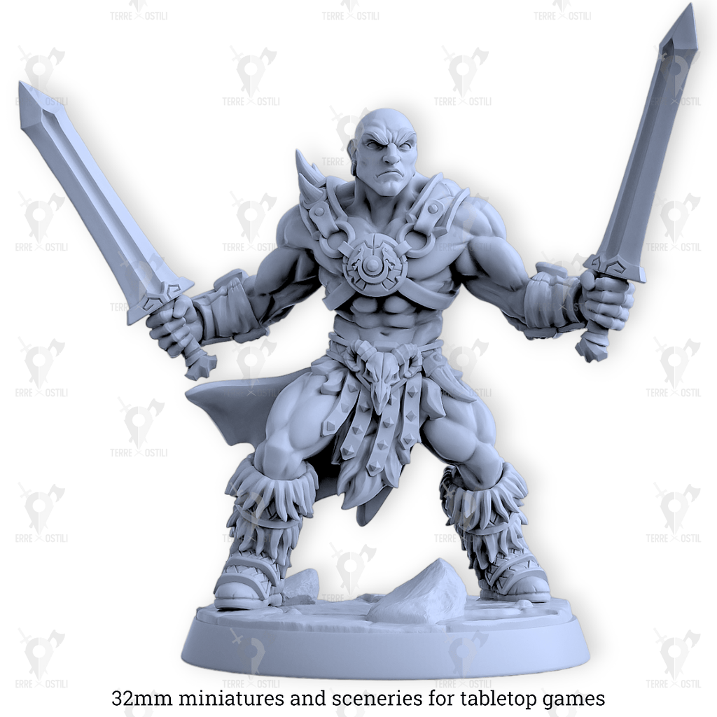 Miniatura Ragnar Umano Barbaro guerriero soldato doppia spada Dragonpeak | miniatura 3D resina | Terre Ostili per dungeons and dragons dnd