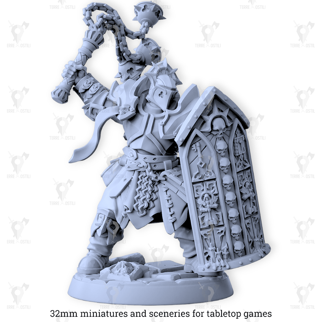 Miniatura Sir Kael Stormguard umano antipaladino caos mazzafrusto armatura requiem | miniatura 3D resina | Terre Ostili per dungeons and dragons dnd