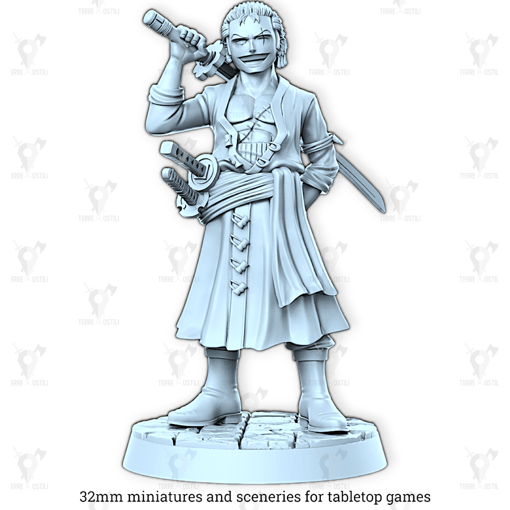 Miniatura Zoro umano pirata guerriero spadaccino esploratore onep | miniatura 3D resina | Terre Ostili per dungeons and dragons dnd