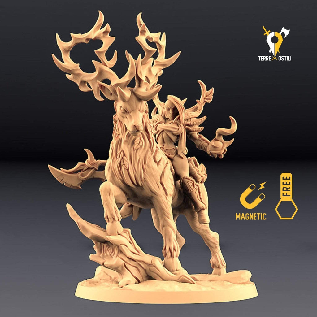 Miniatura Elfa guardiana foresta a cavallo di cervo umanoide miniatura 3D per dungeons and dragons dnd
