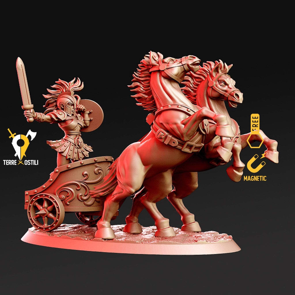 Miniatura Gladiatrice umana su biga con cavalli miniatura per dungeons and dragons dnd